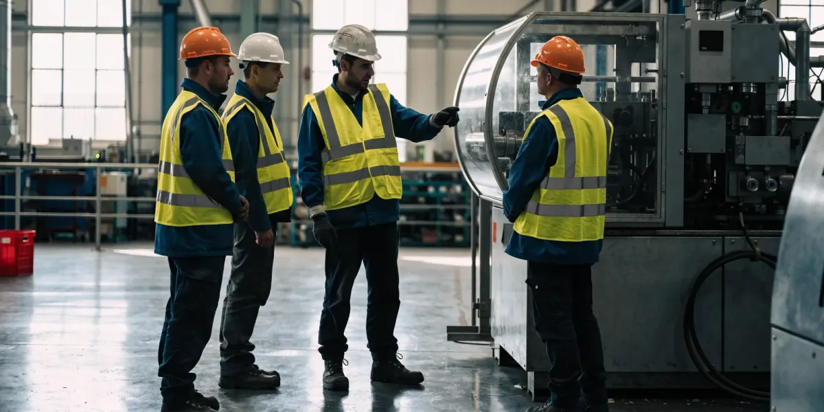 Supervisor in a hi-vis vest and hard hat briefing three workers beside a guarded machine on a UK manufacturing plant floor, pointing at the machine guard