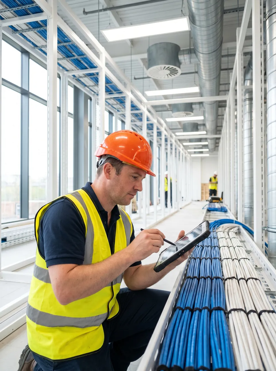 Safety officer inspecting mechanical and electrical installation work on a tablet inside a data centre build