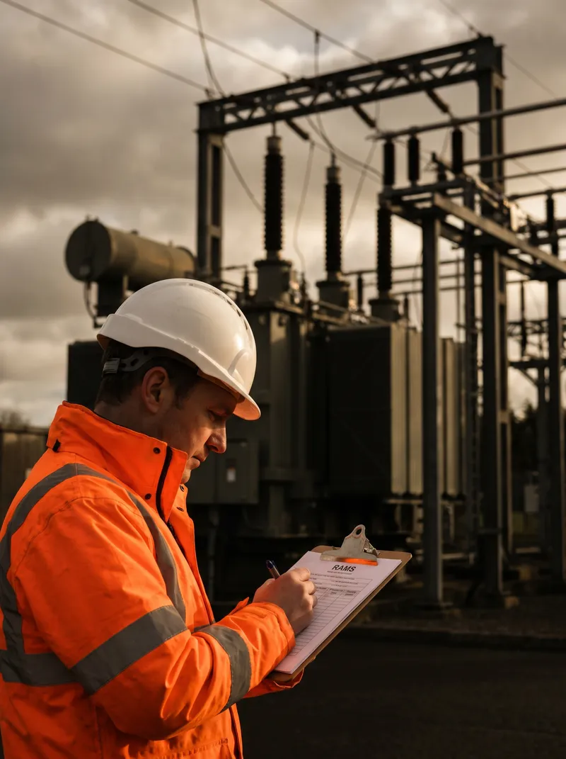 Coyle Group safety officer marking up a RAMS document during a sub-station engineering audit in Ireland