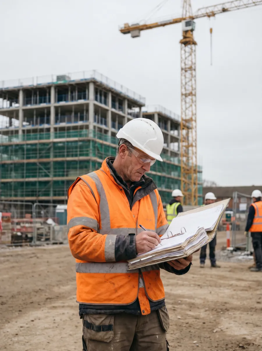 Chartered safety consultant reviewing statutory compliance documentation on a construction site