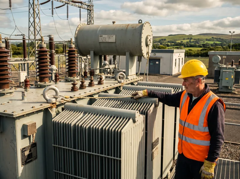 Coyle Group safety officer reviewing horizontal lifeline installation on an HV transformer at an Irish substation
