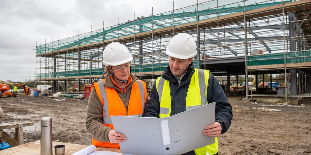 Health and safety adviser in a white hard hat, safety glasses and orange hi-vis vest reviewing a safety file with a site manager in a hard hat and yellow hi-vis vest, with a guard-railed scaffold around a steel-framed building behind them