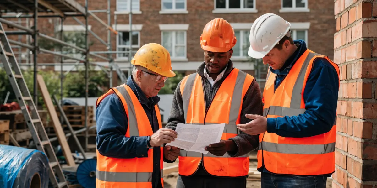 Three UK construction workers in hi-vis vests and hard hats reviewing a paper method statement together on a live construction site with scaffolding and a partially built structure in the background under natural daylight