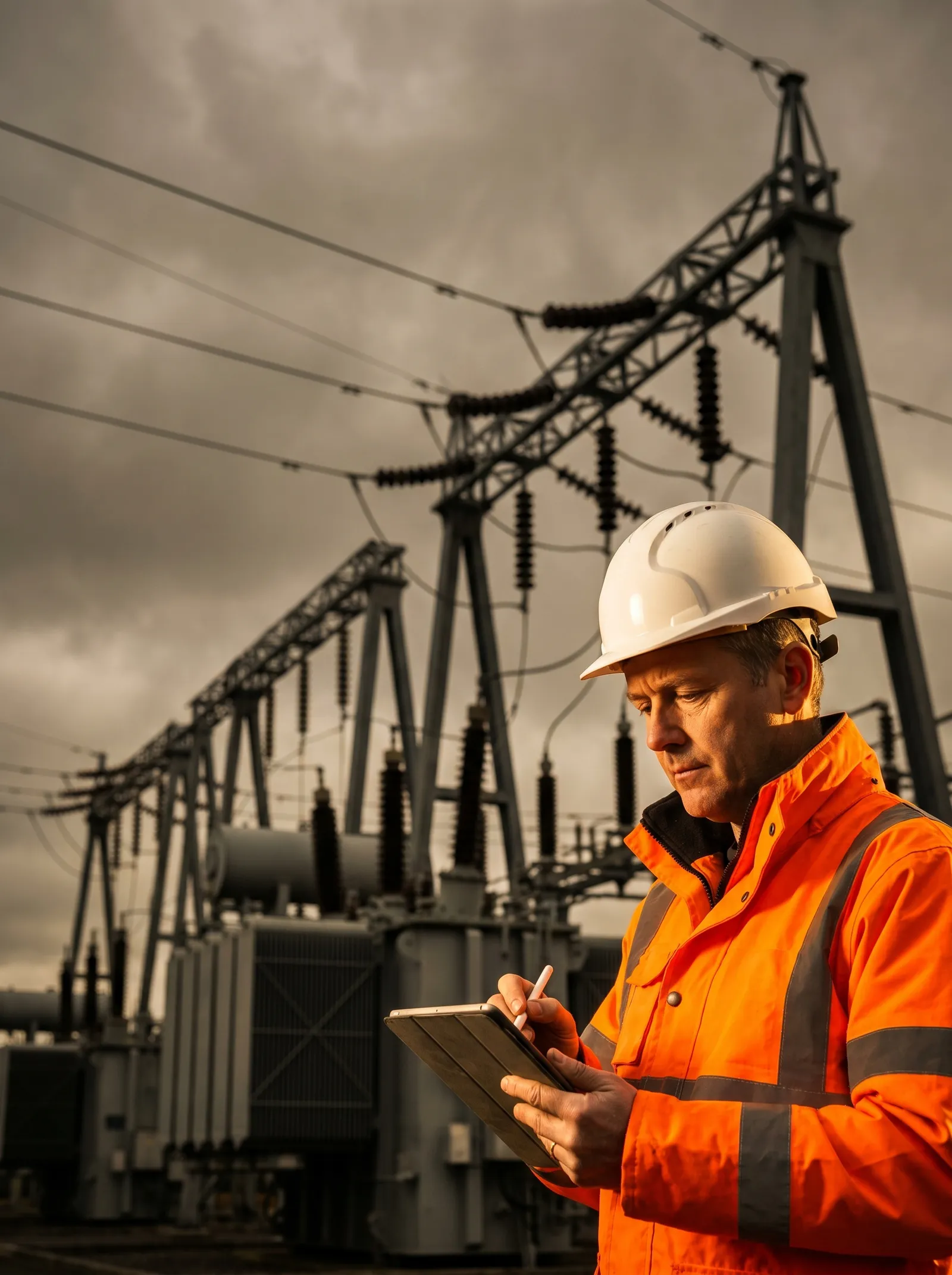 Wind turbine commissioning on an onshore wind farm with safety officer in foreground