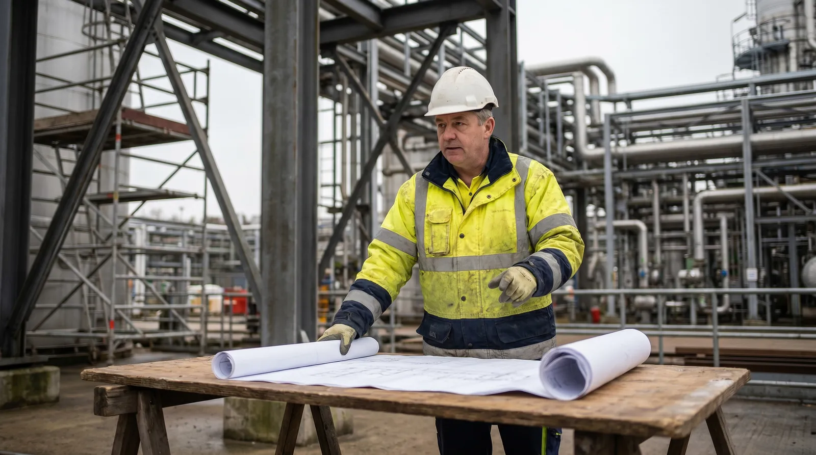 Coyle Group safety officer in hi-vis and hard hat reviewing plans on a tier-one engineering construction site with structural steelwork and process pipework