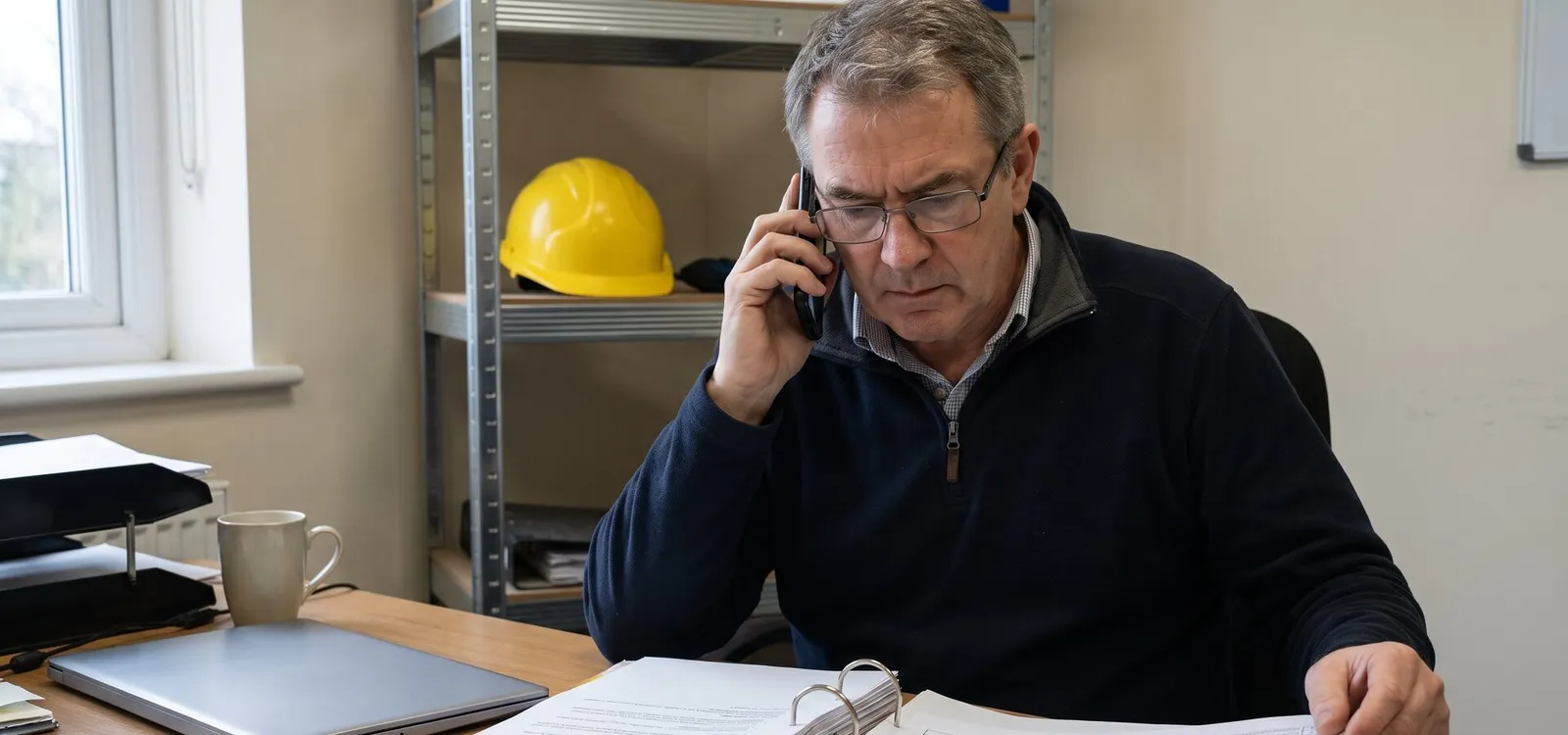 Chartered health and safety adviser taking a client call at his desk with an open risk assessment and regulations folder in front of him