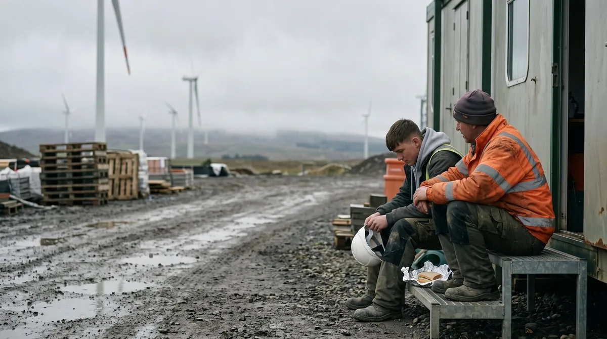 An older site worker in orange hi-vis sits beside a young colleague holding his hard hat on the steps of a welfare cabin, on a muddy wind farm construction site