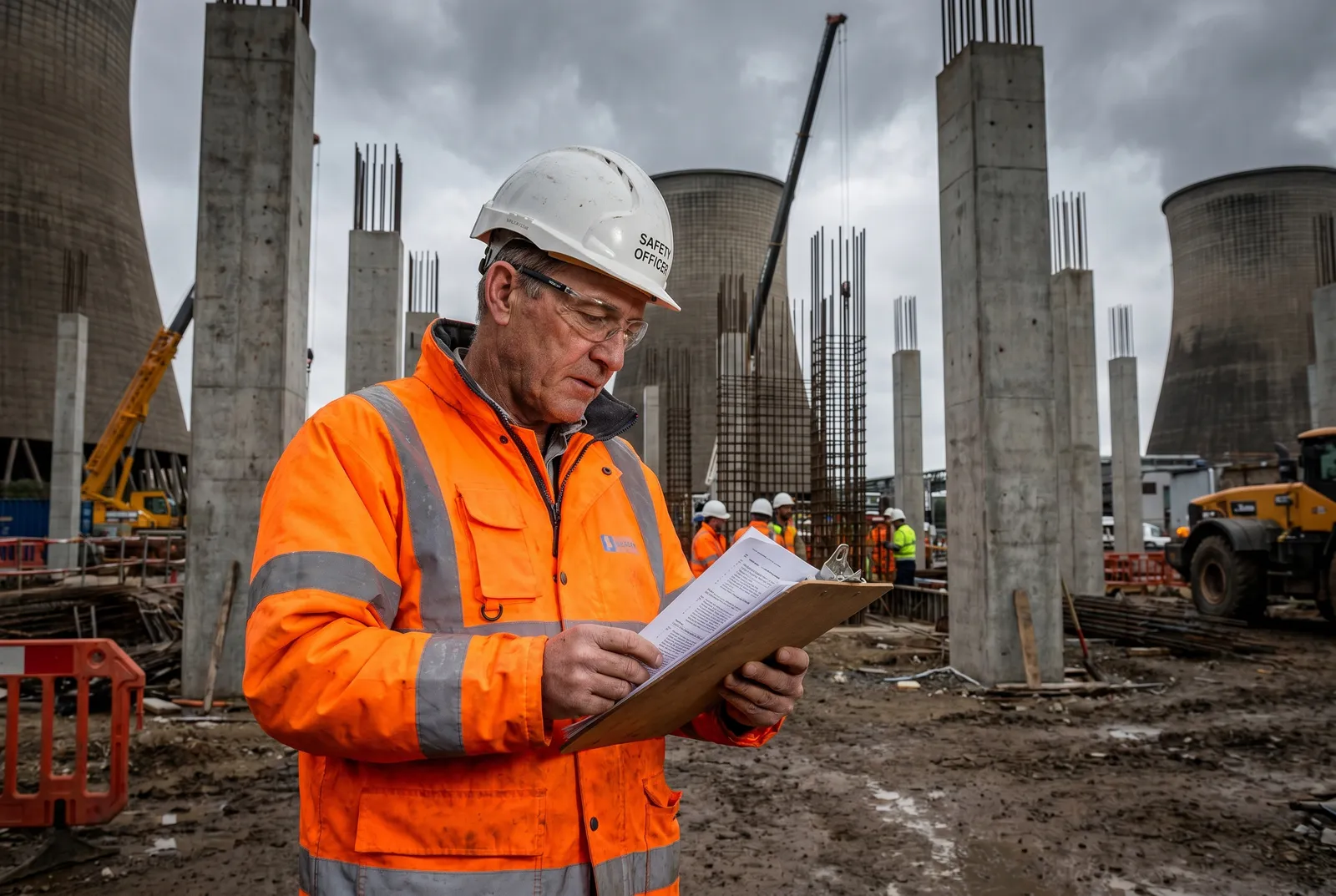 Chartered safety officer reviewing project-specific safety documentation at a high-security energy construction site