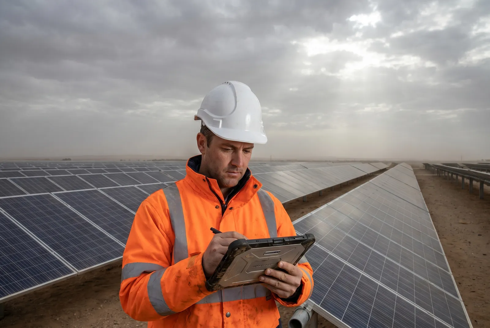 Safety officer reviewing PV module install on a utility-scale solar farm at dawn
