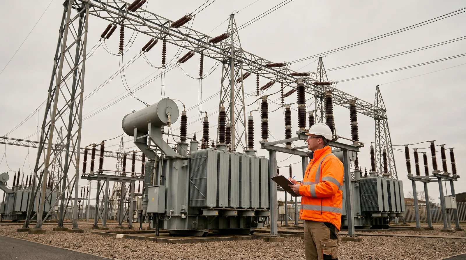 Chartered safety officer in hi-vis reviewing high-voltage substation works beside transformers and transmission gantries at an electrical compound