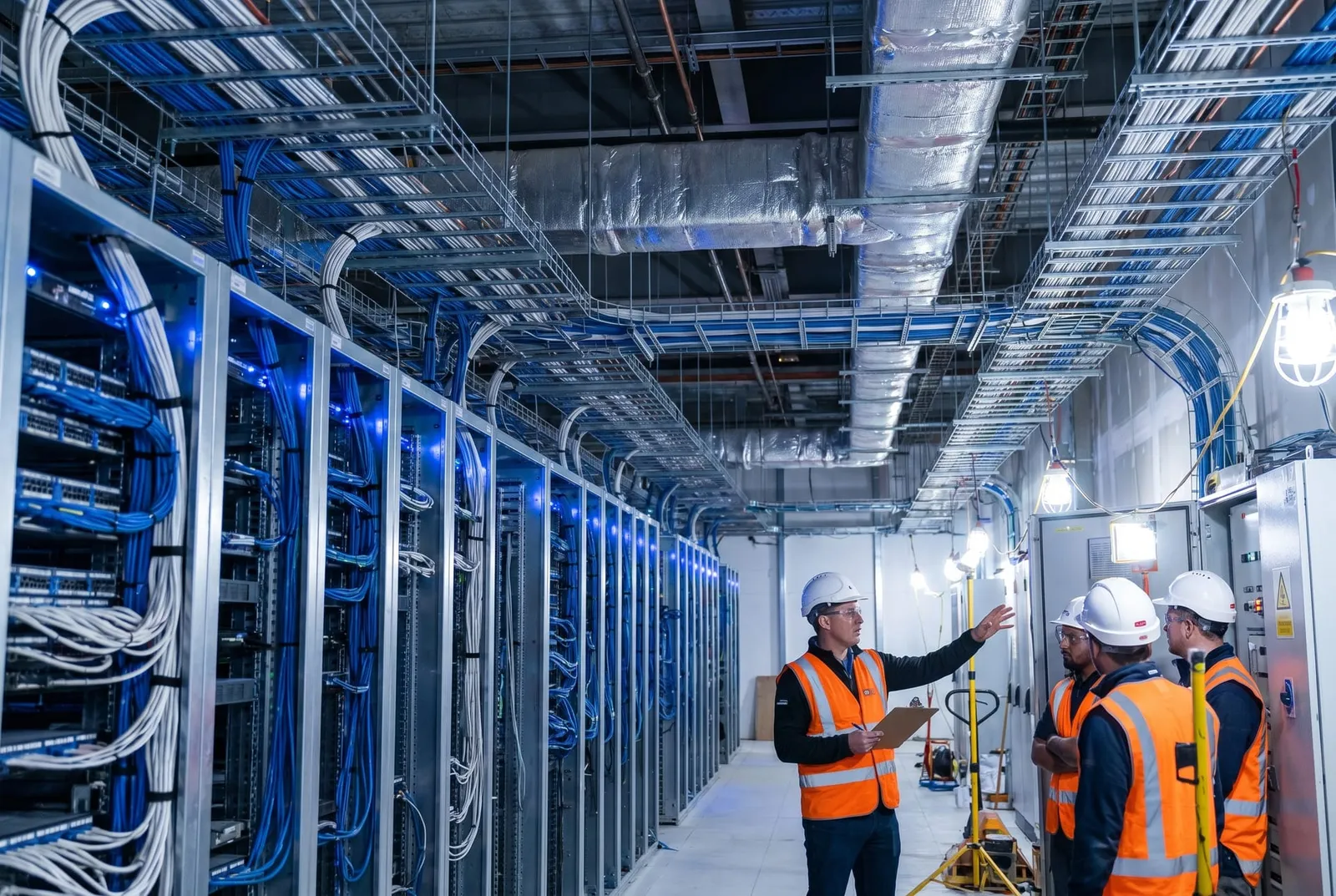 Chartered safety officers reviewing live MEP and structured-cabling works inside a hyperscale data centre build