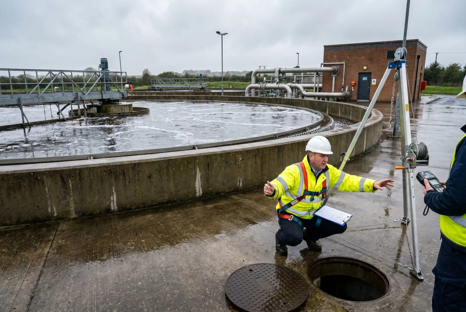 Chartered safety officer reviewing confined space entry procedures at a water treatment facility
