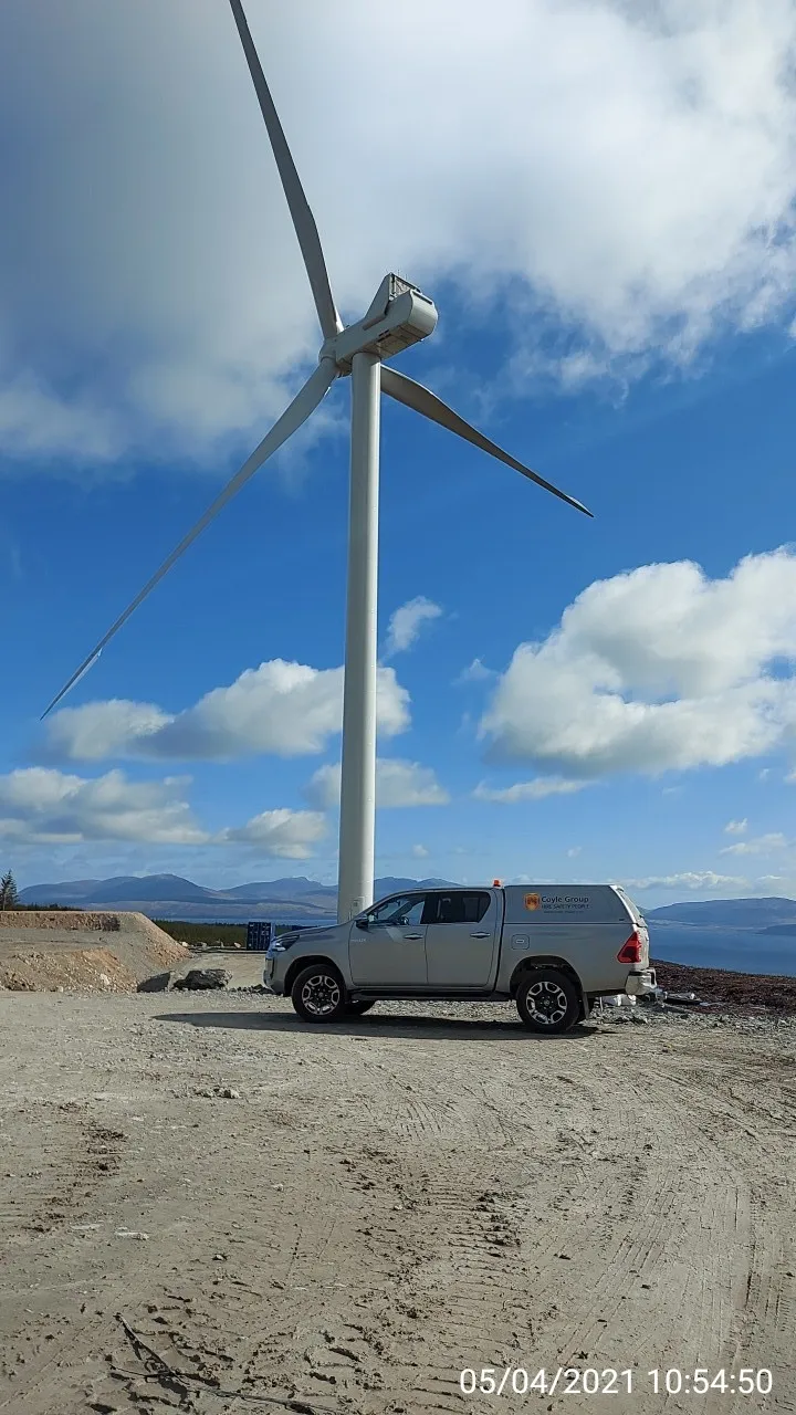 A Coyle Group site vehicle at a wind energy site in Ireland, where our advisors deploy on the ground